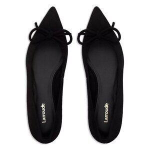 New Larroudé Lee Pointed Toe Suede Flats with Bow, Black, Size 7.5